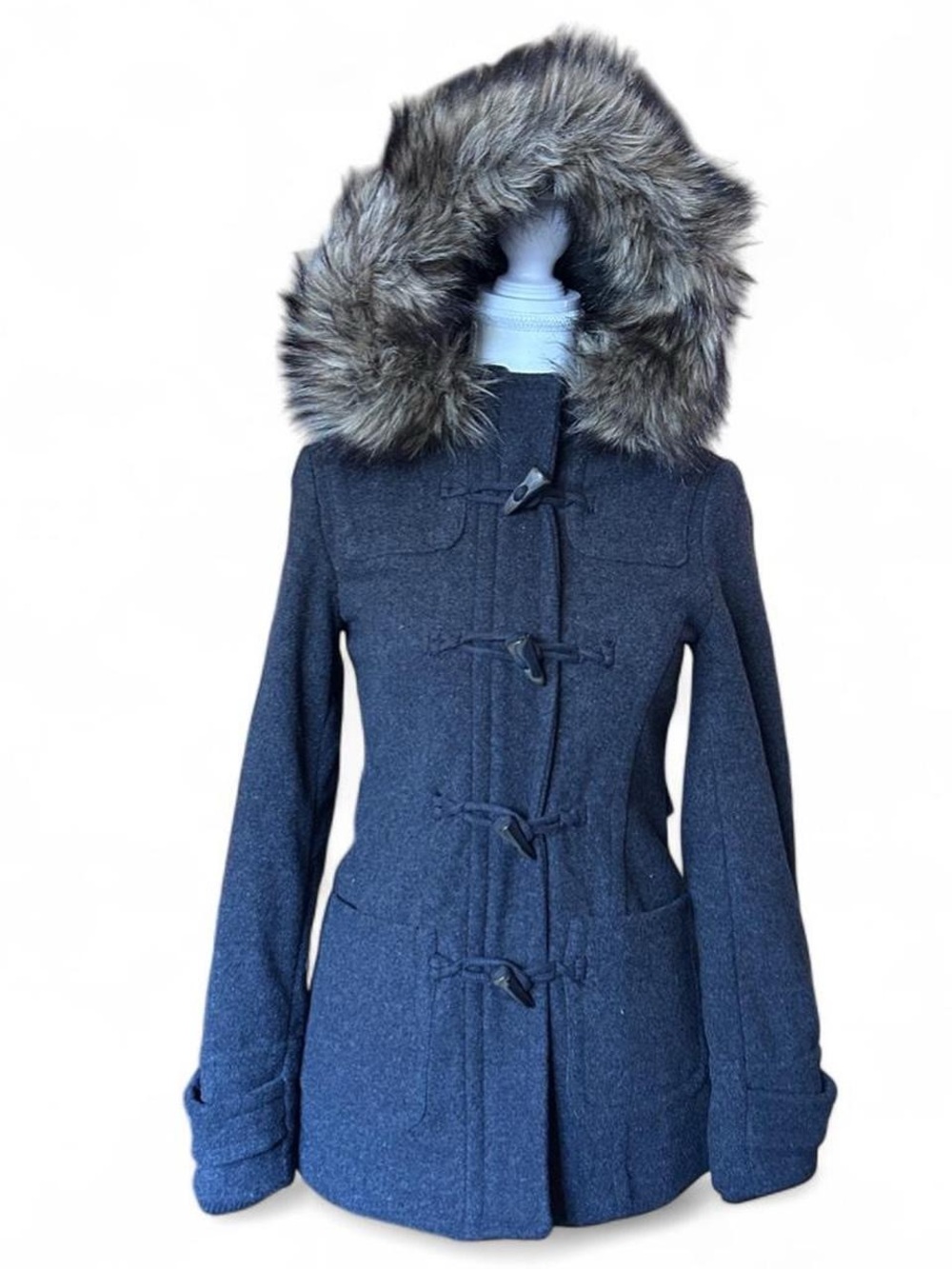 Aeropostale Coat Womens XS Gray Toggle Hooded Faux Fur Trim Lined Pockets